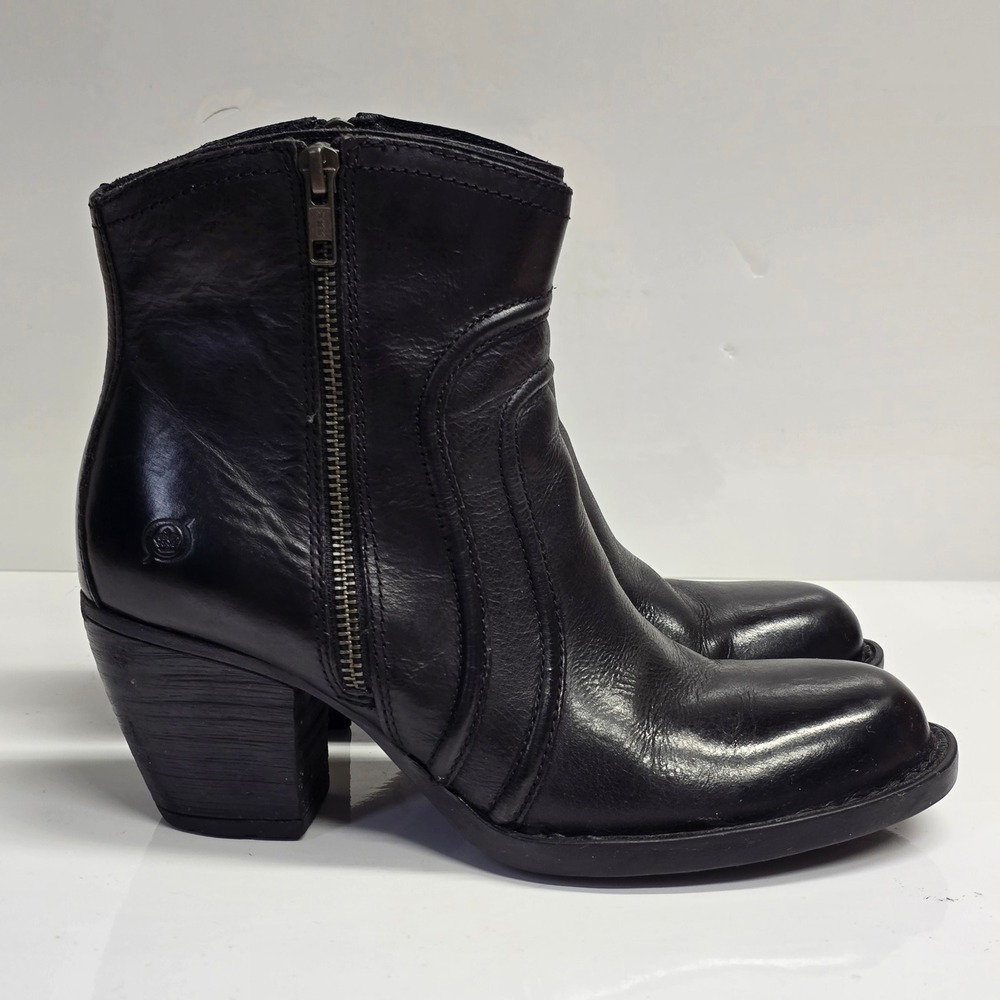 Born Ankle Boots Womens 8 Black Leather Side Zip Block Heel Western Boho